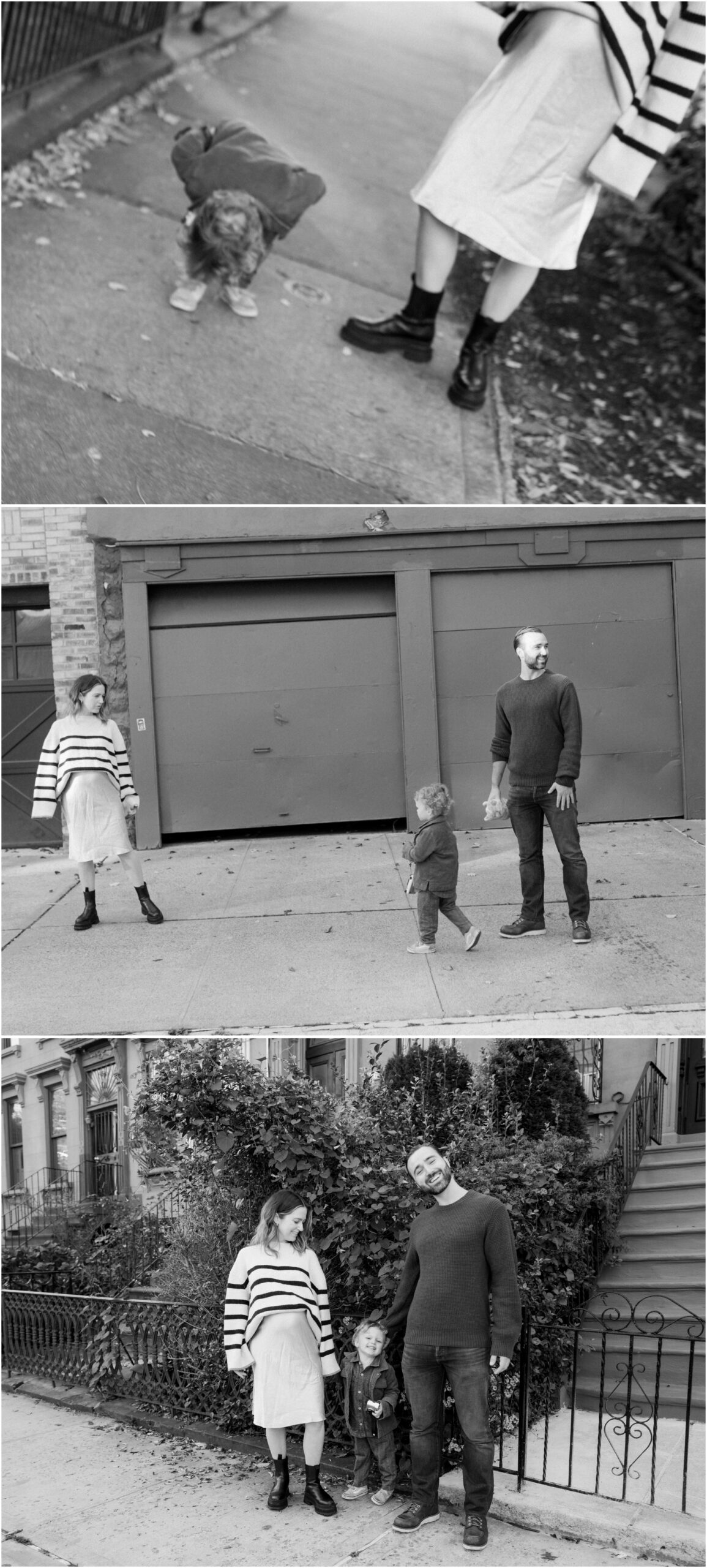 black and white portraits of family on the sidewalk in Brooklyn, New York
