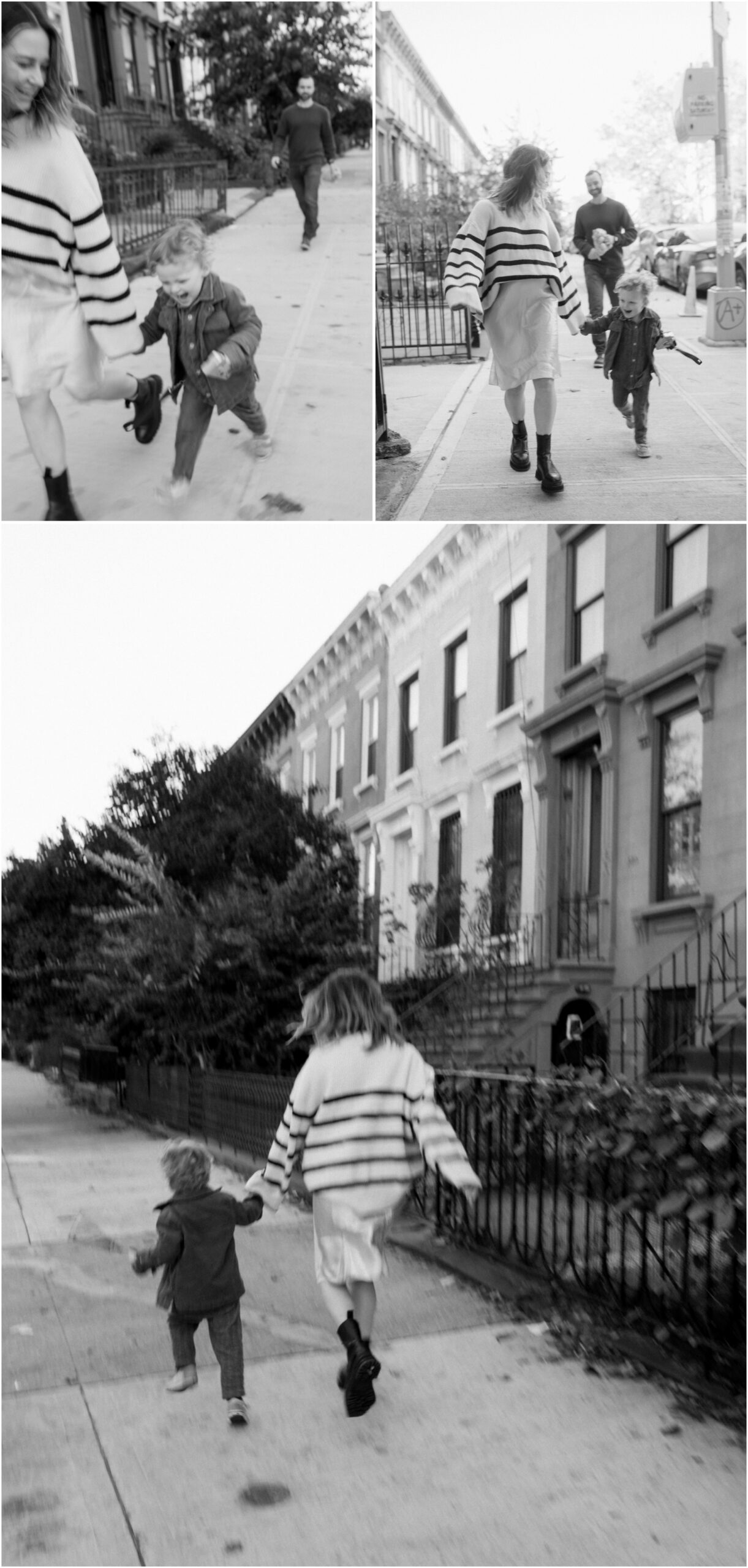 mom and child running together on the sidewalk in Brooklyn, New York in a black and white photo