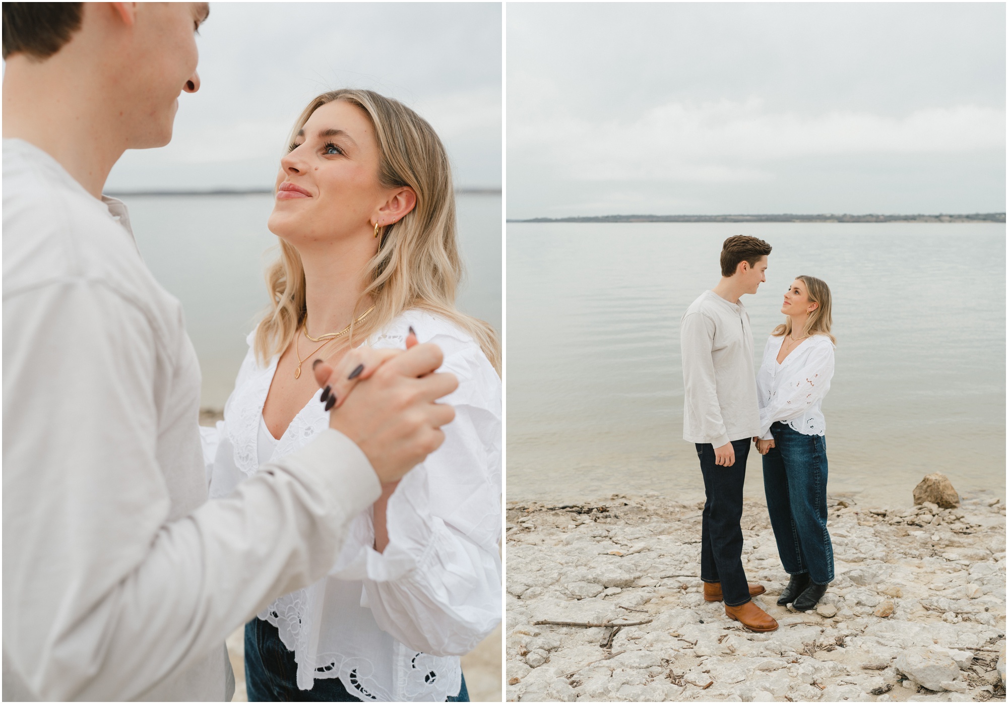 couple holding hands and looking at each other near the lake in fort worth texas engagement session