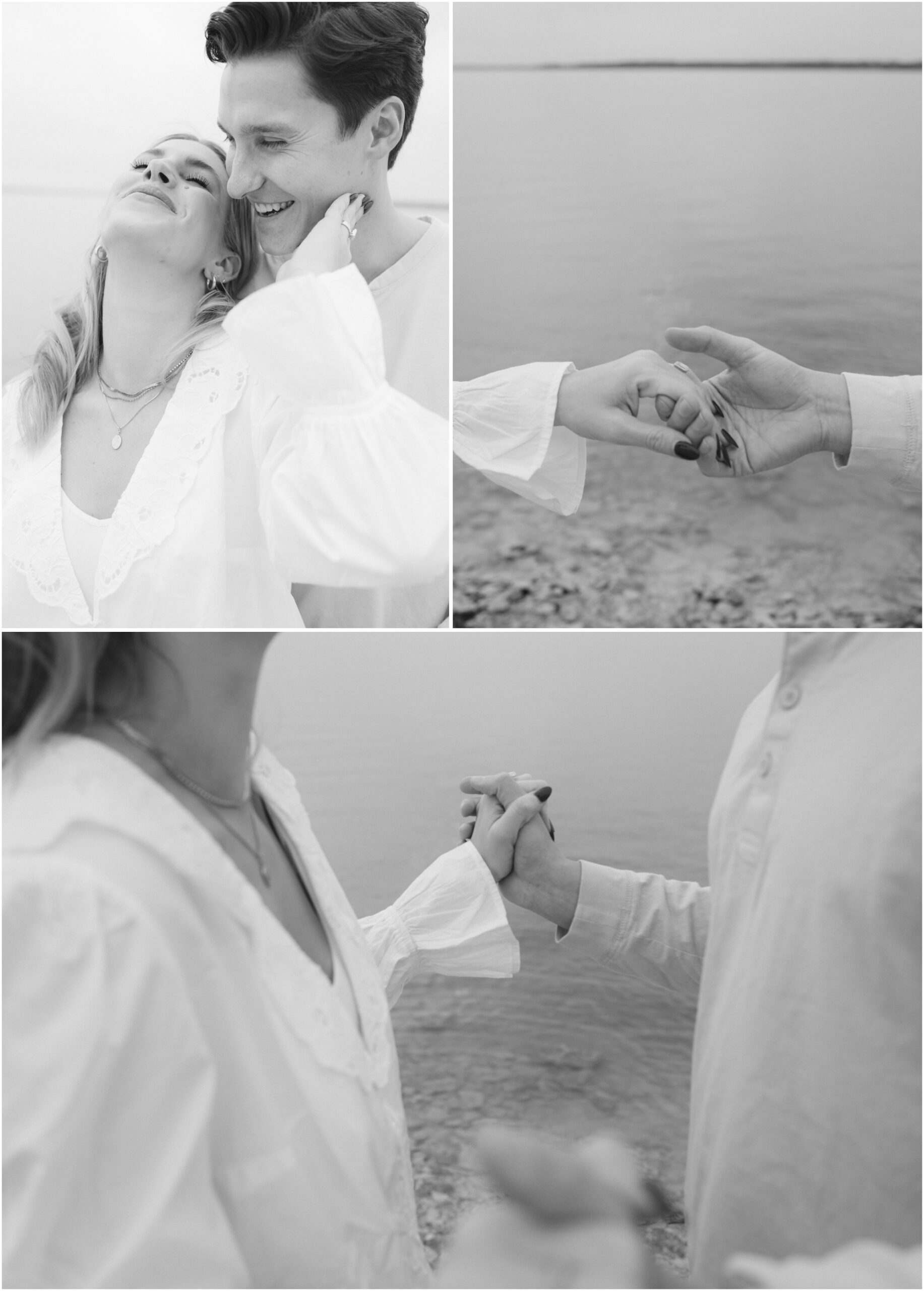 black and white photos of couple holding hands and laughing in fort worth texas engagement session