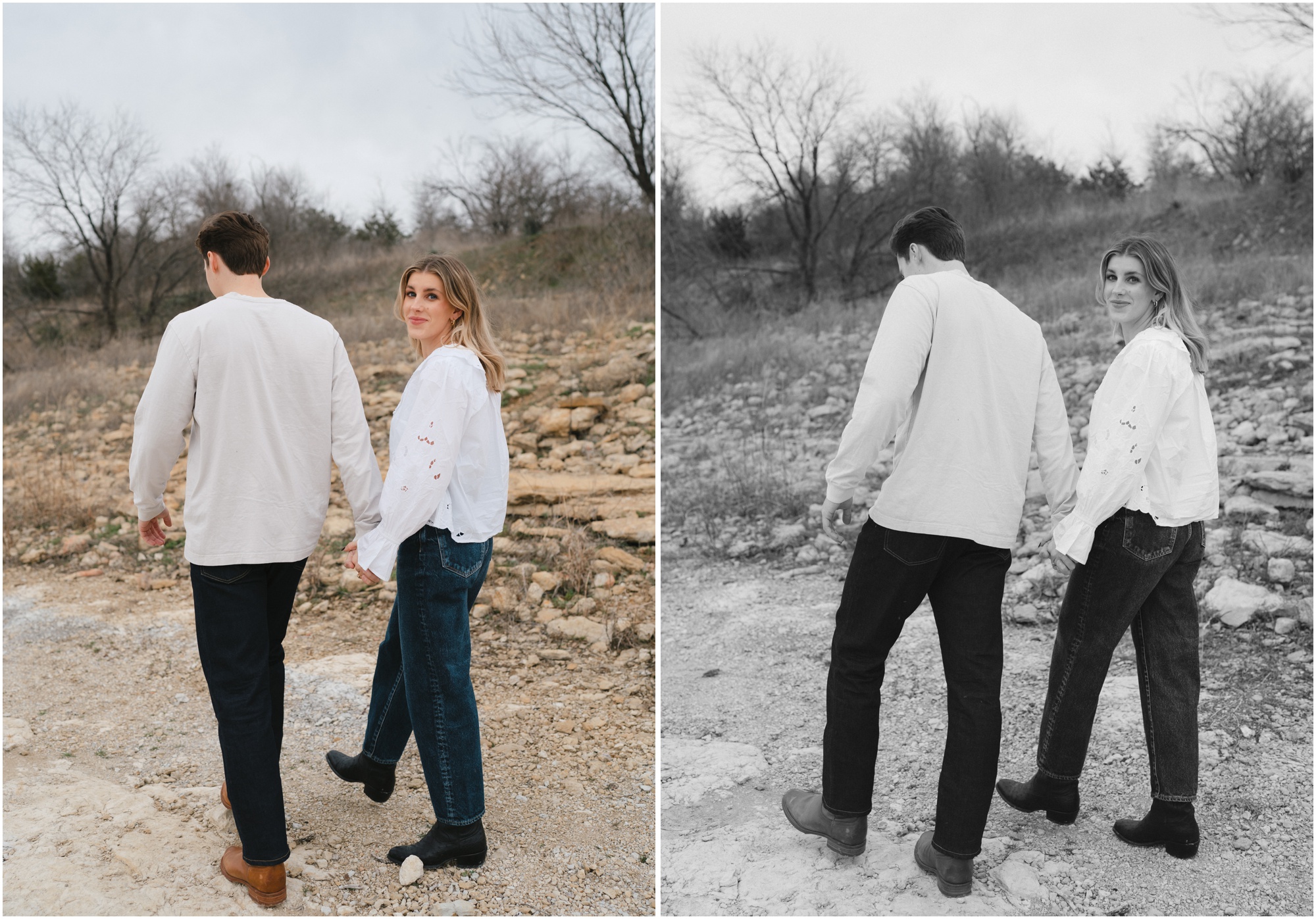 couple walking away holding hands in fort worth texas engagement session