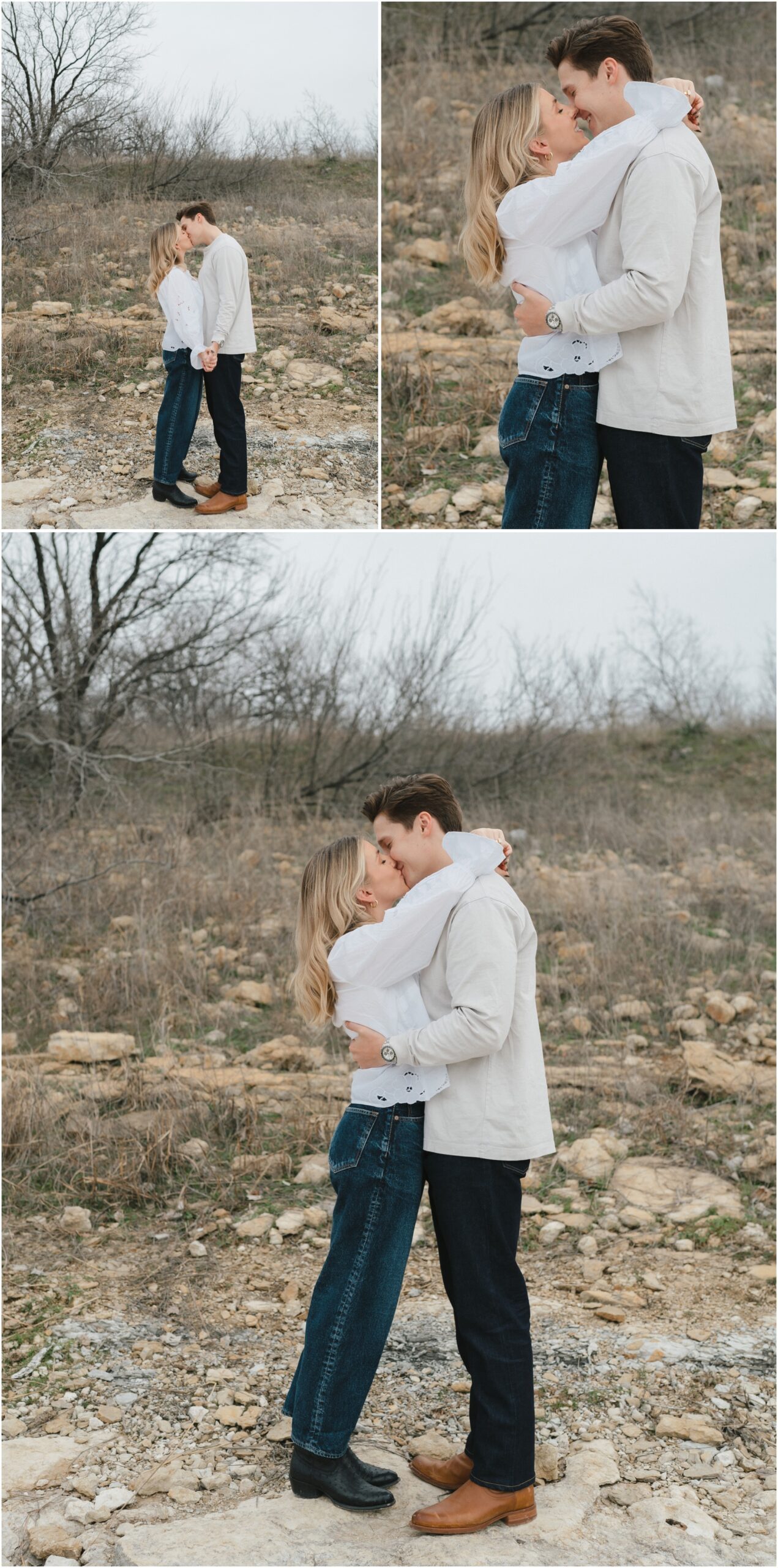 couple kissing in tecovas boots in fort worth texas engagement session