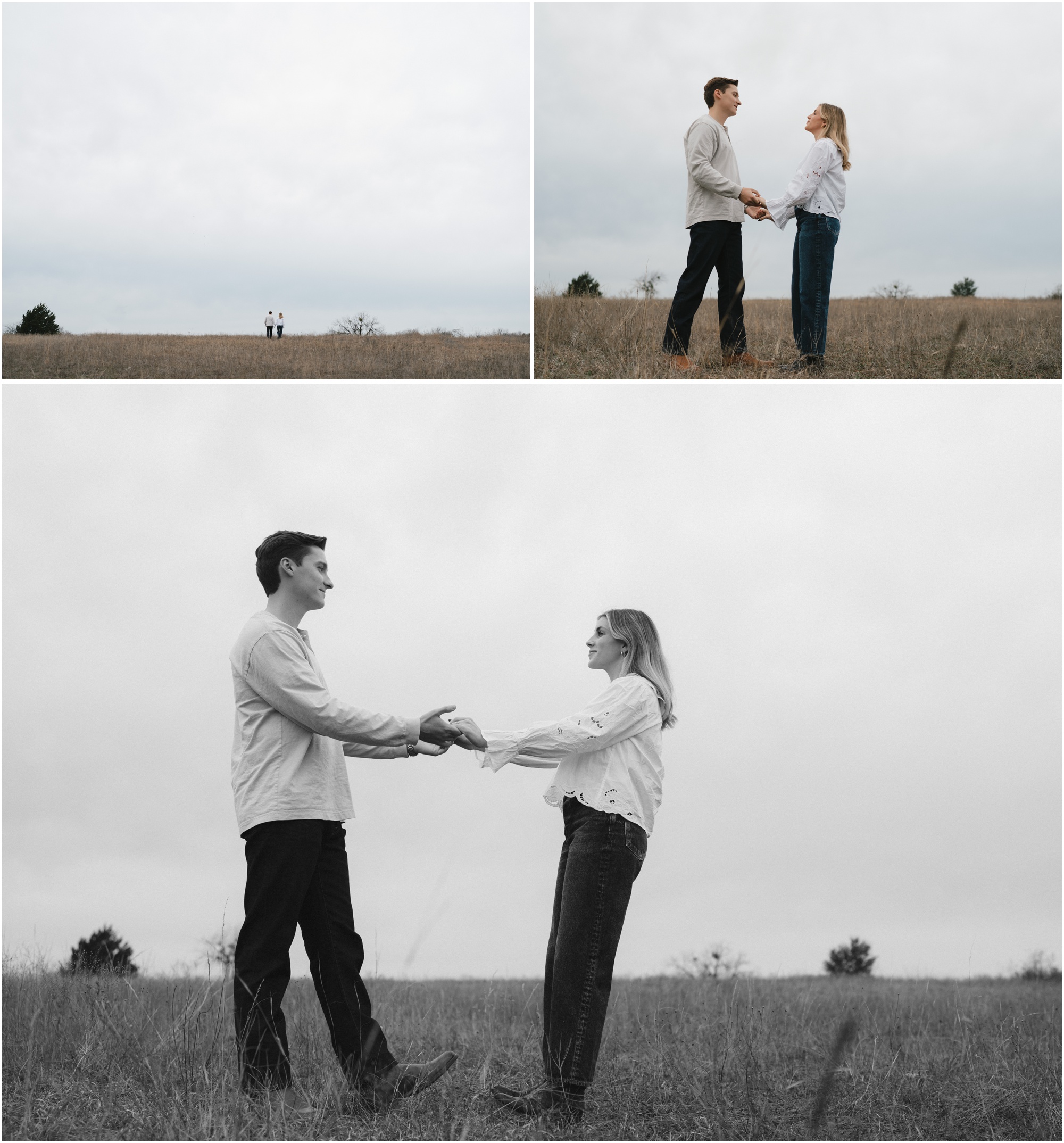 couple in field holding hands in fort worth texas engagement session