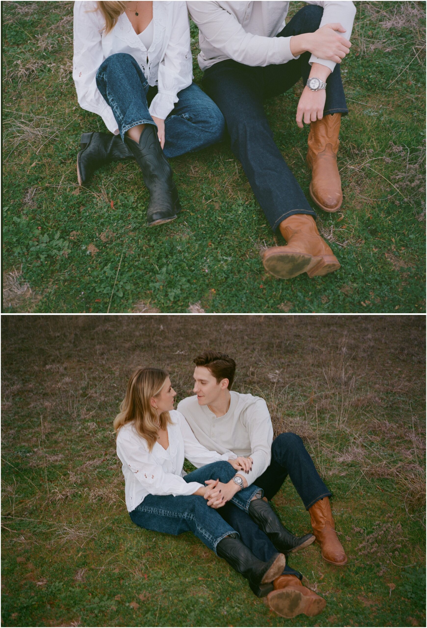 couple together in tecovas boots in fort worth texas engagement session on 120mm film