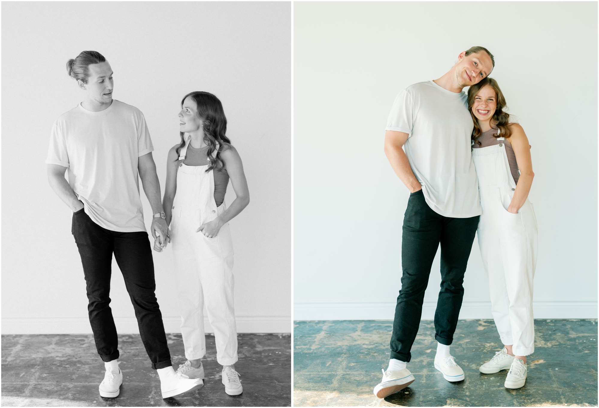 couple hugging in the studio for their engagement session