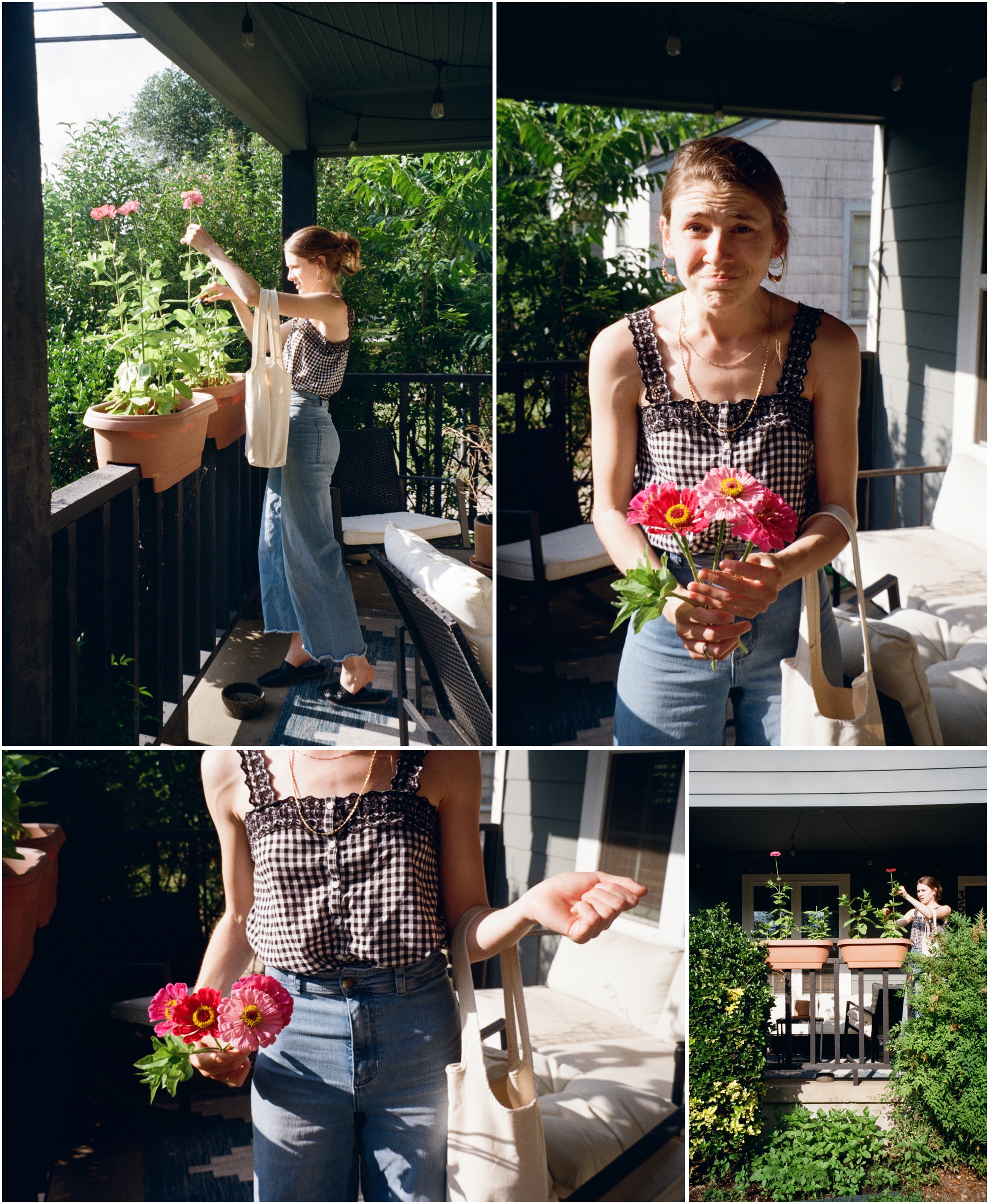 girl picks flowers from her garden on 120mm film