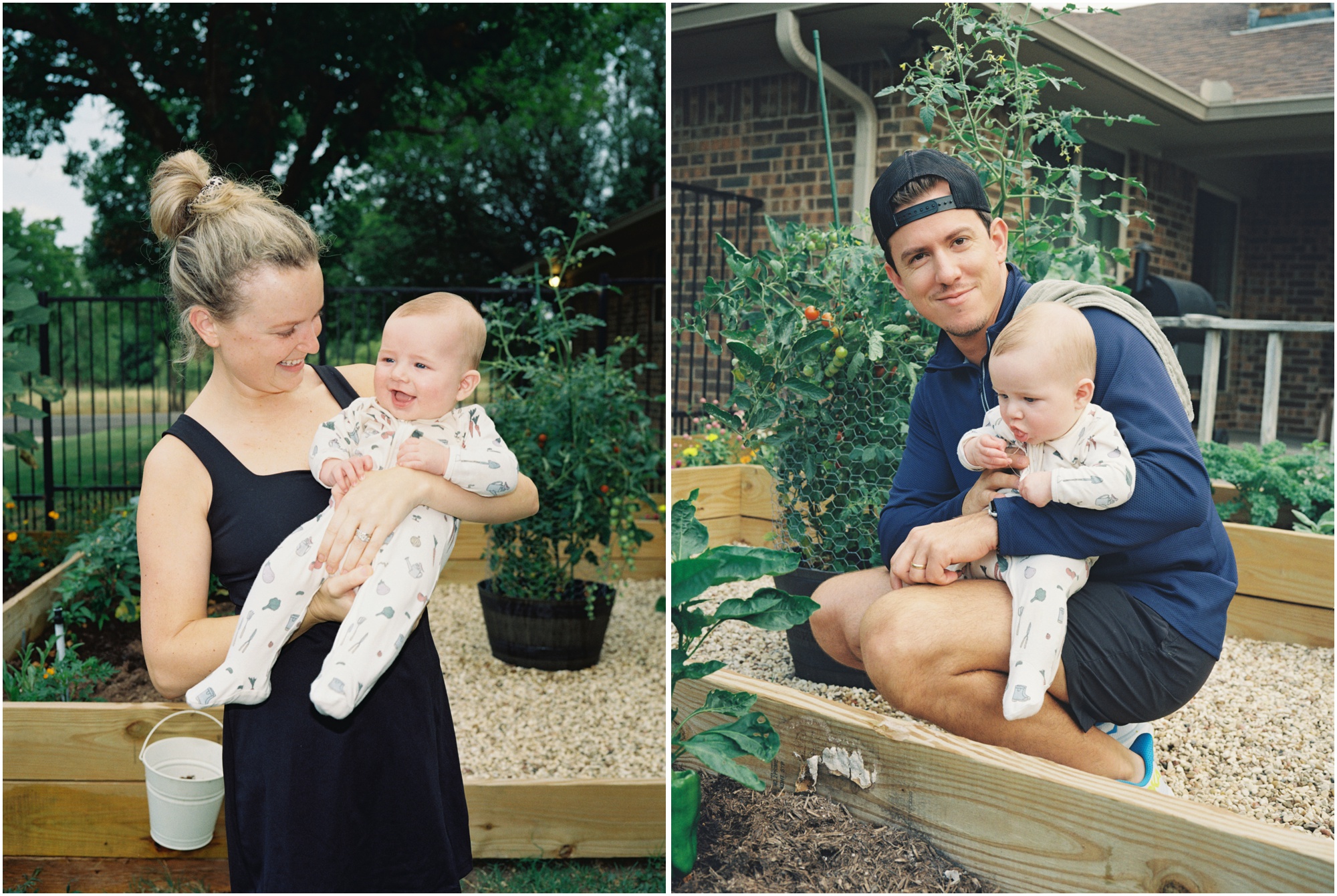 parents with baby in their home garden on 120mm film
