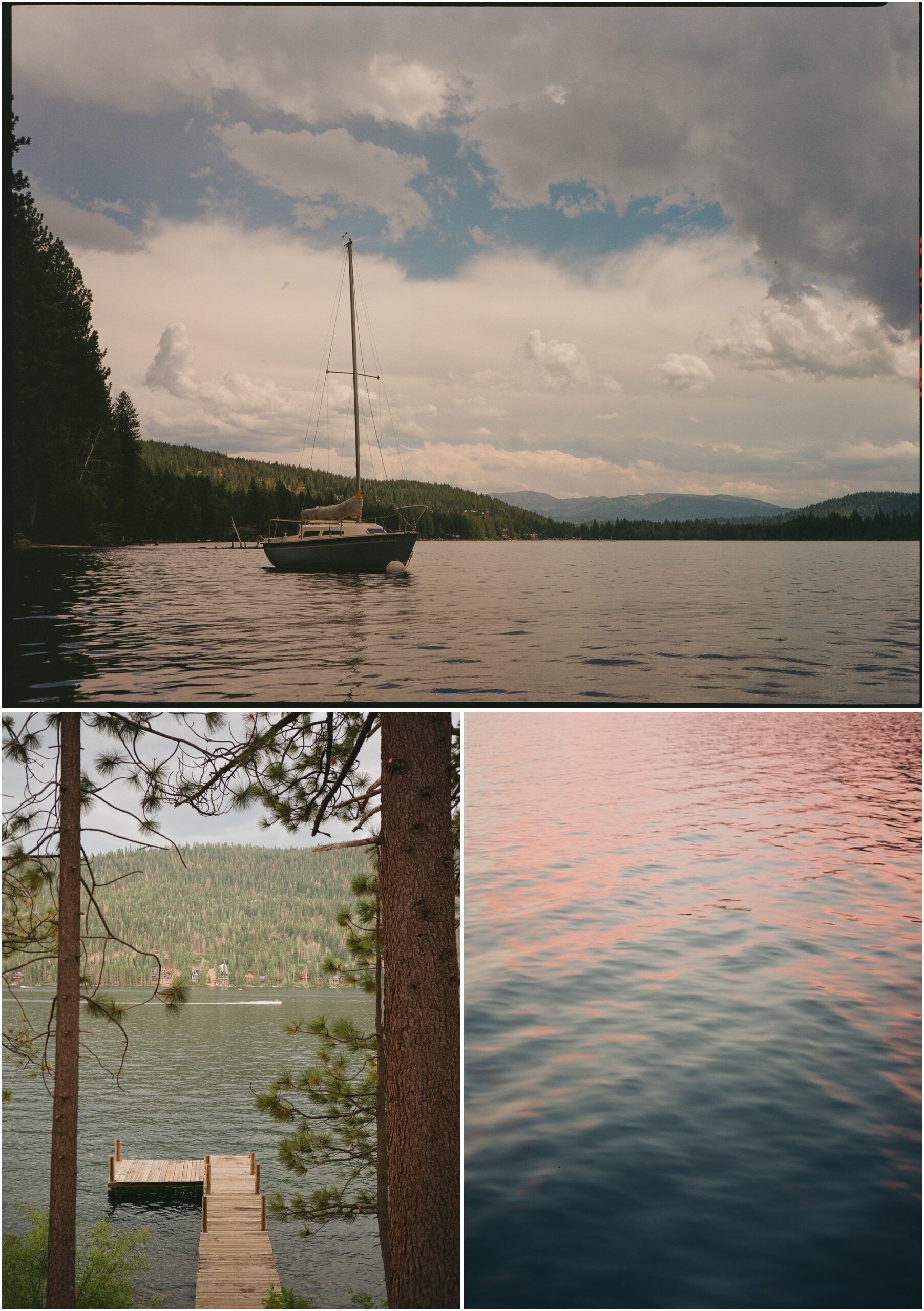 lake tahoe on a dock with a boat on 120mm film