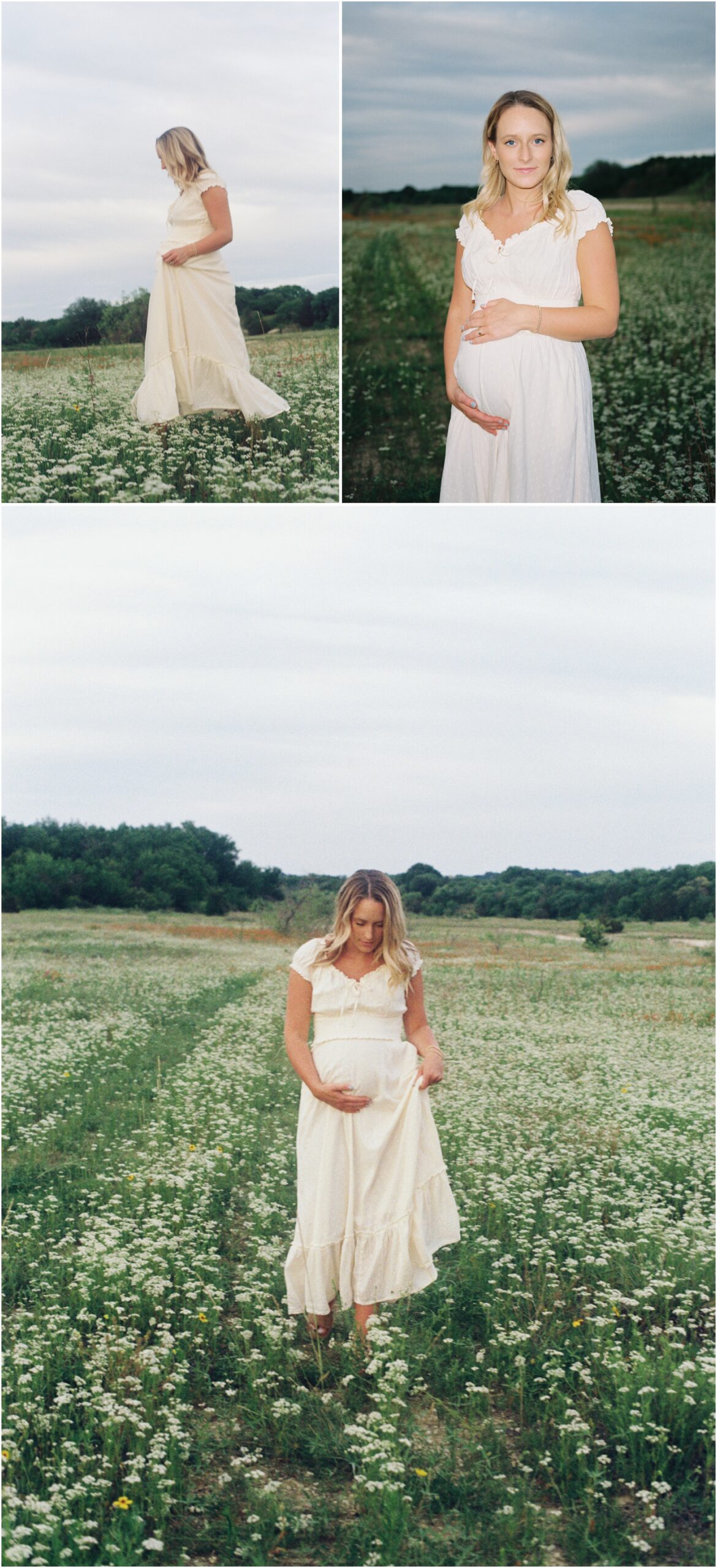 maternity photos in a field with flowers
