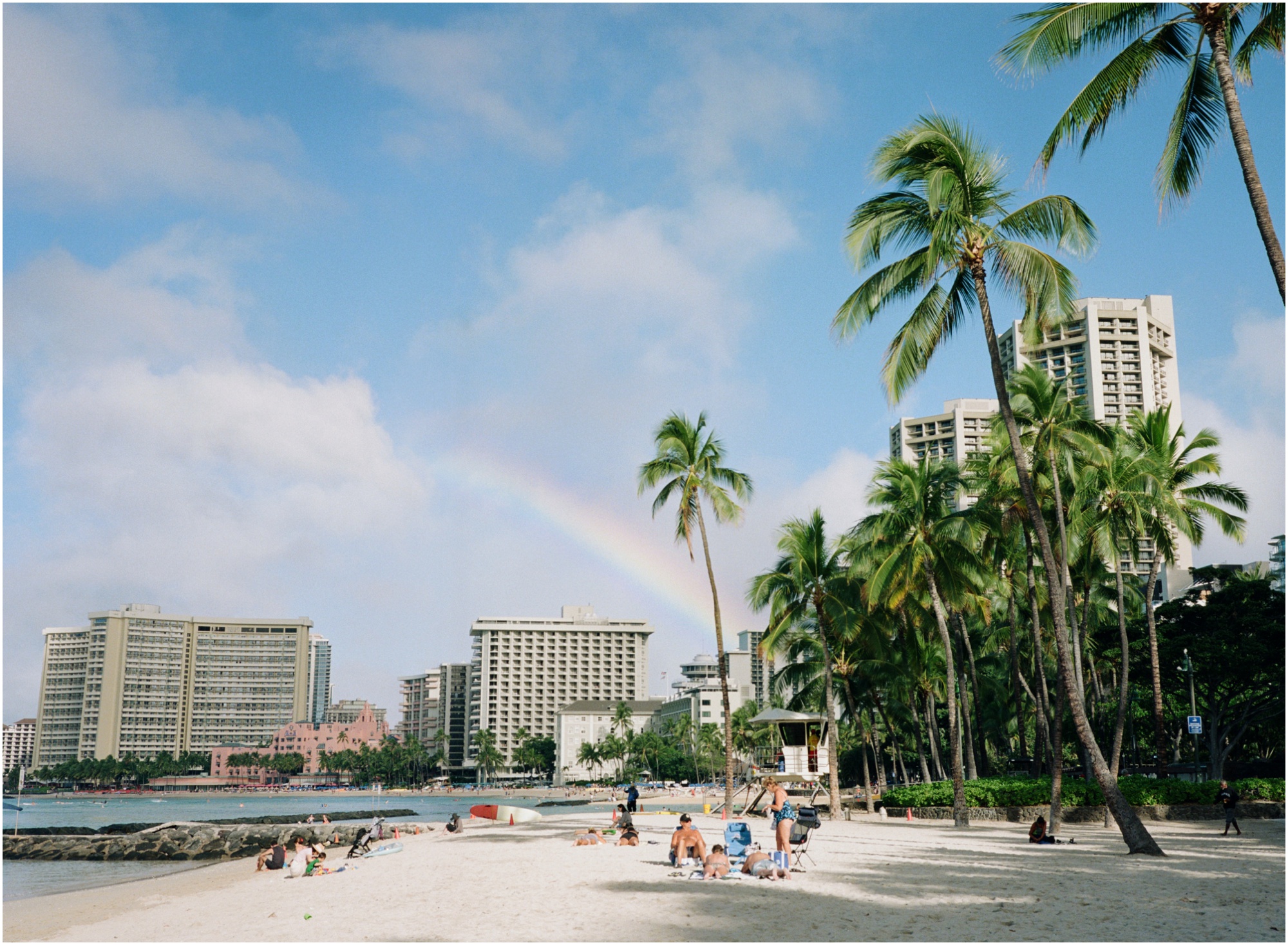 Waikiki Beach with a rainbow over the ocean on 120mm film