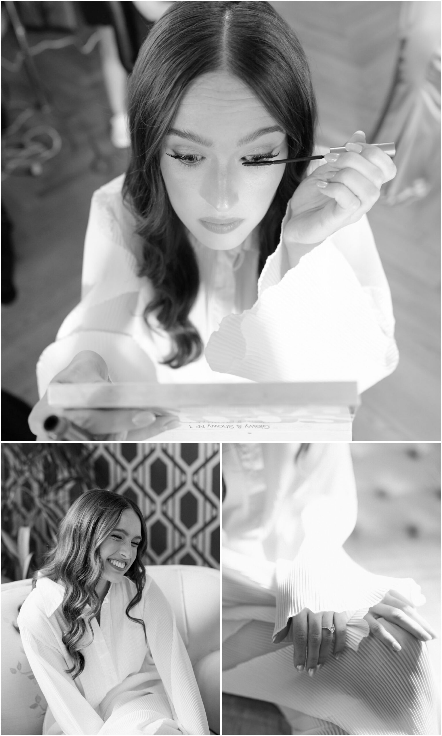 bride getting ready in white robe on wedding day