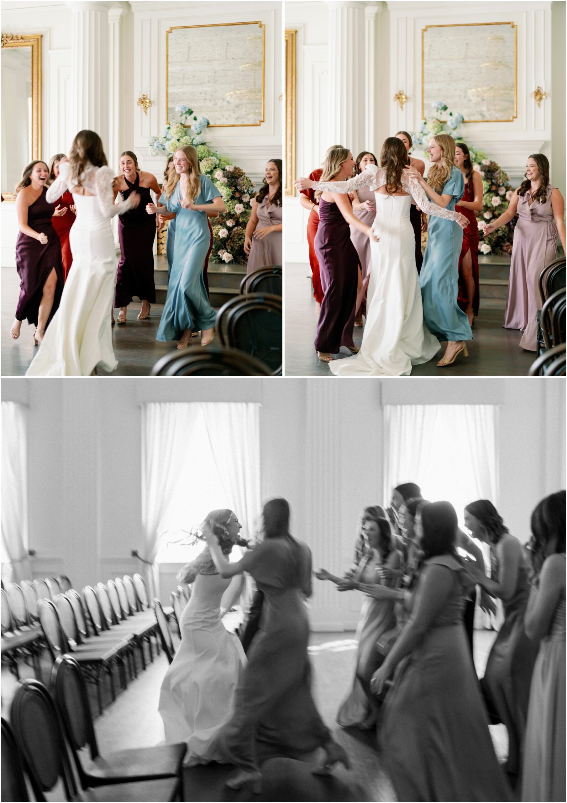 bridesmaids in colorful dresses running towards bride