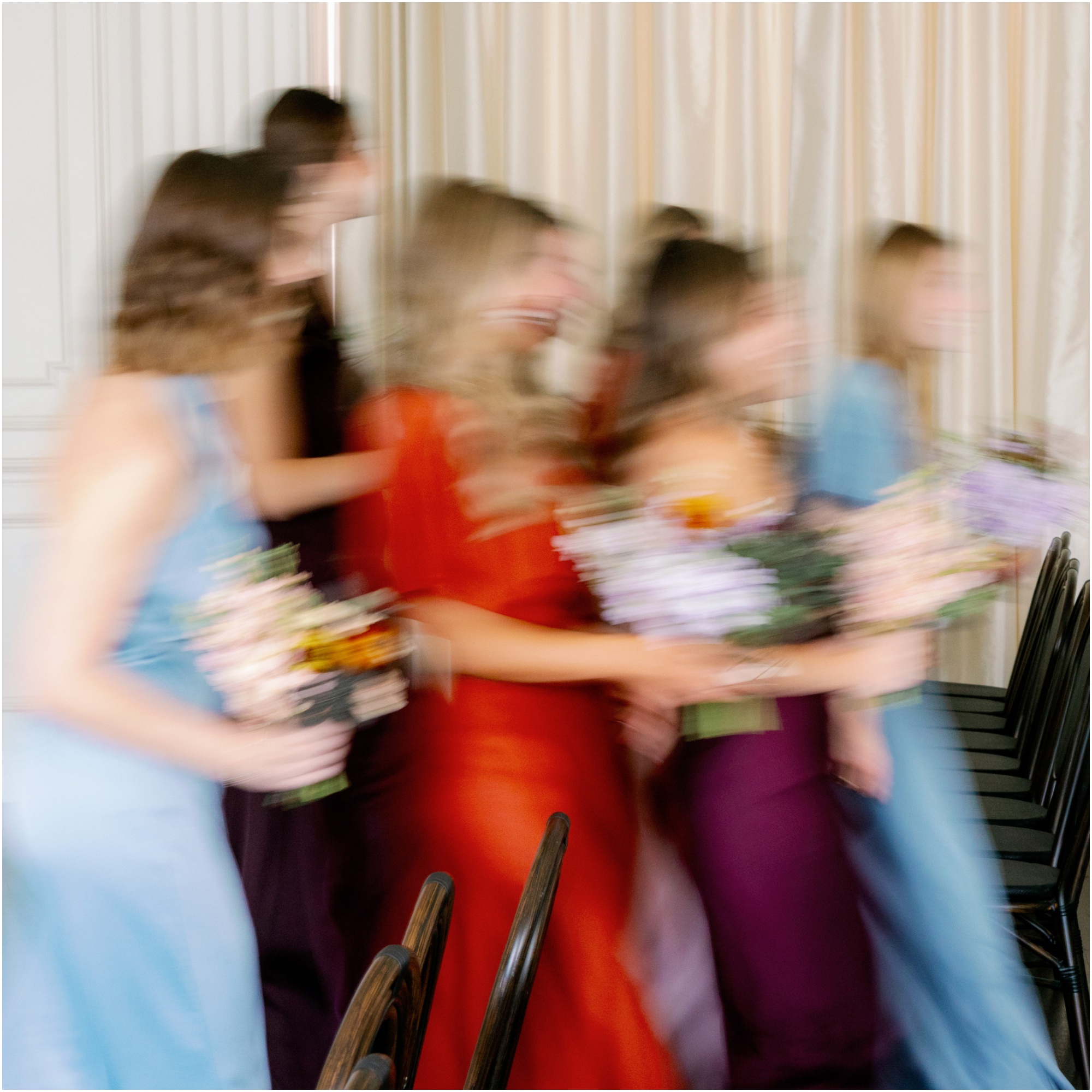 bridesmaids walking forward in blurry photo