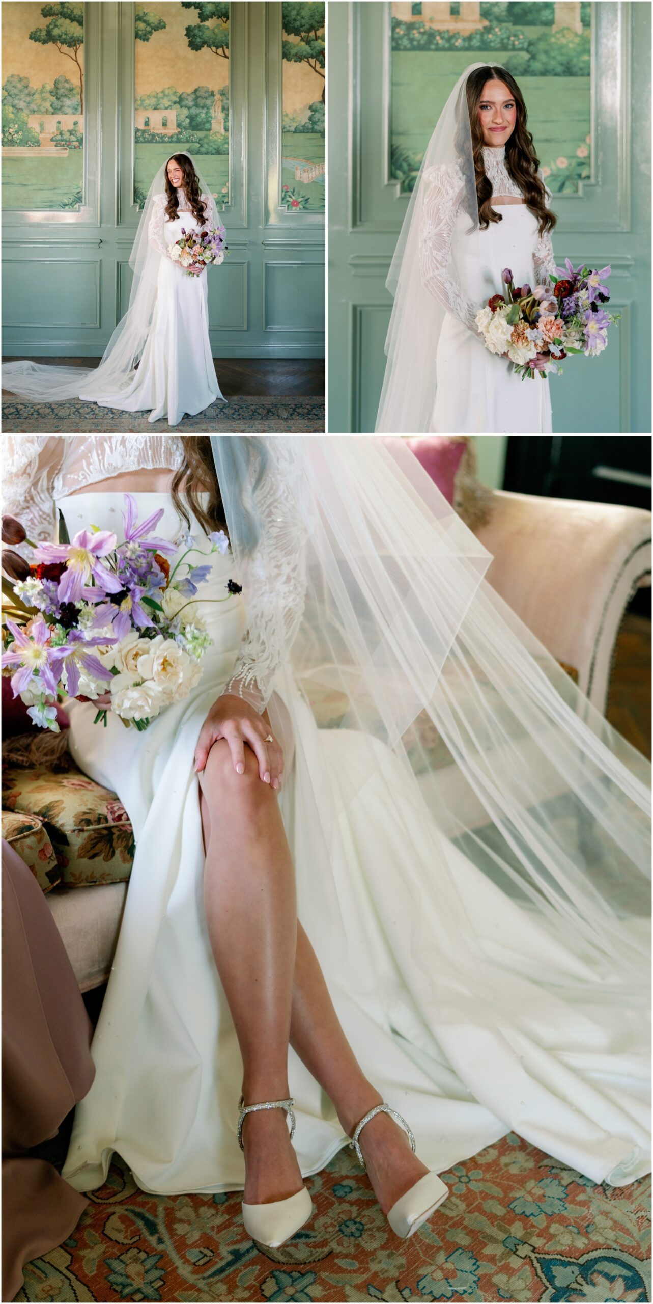 bridals of the bride wearing a sarah seven dress with her color bouquet