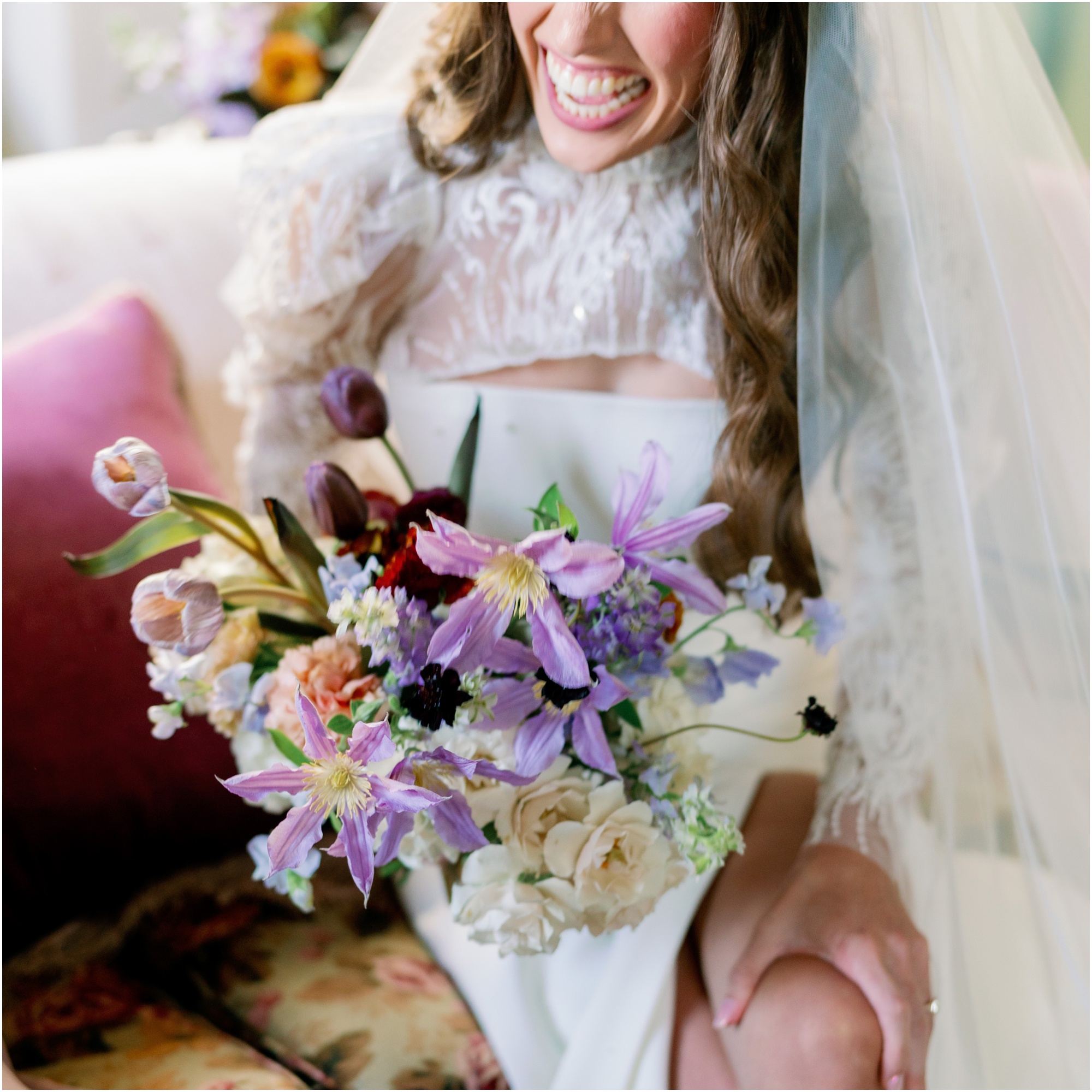 Bride holding colorful bouquet