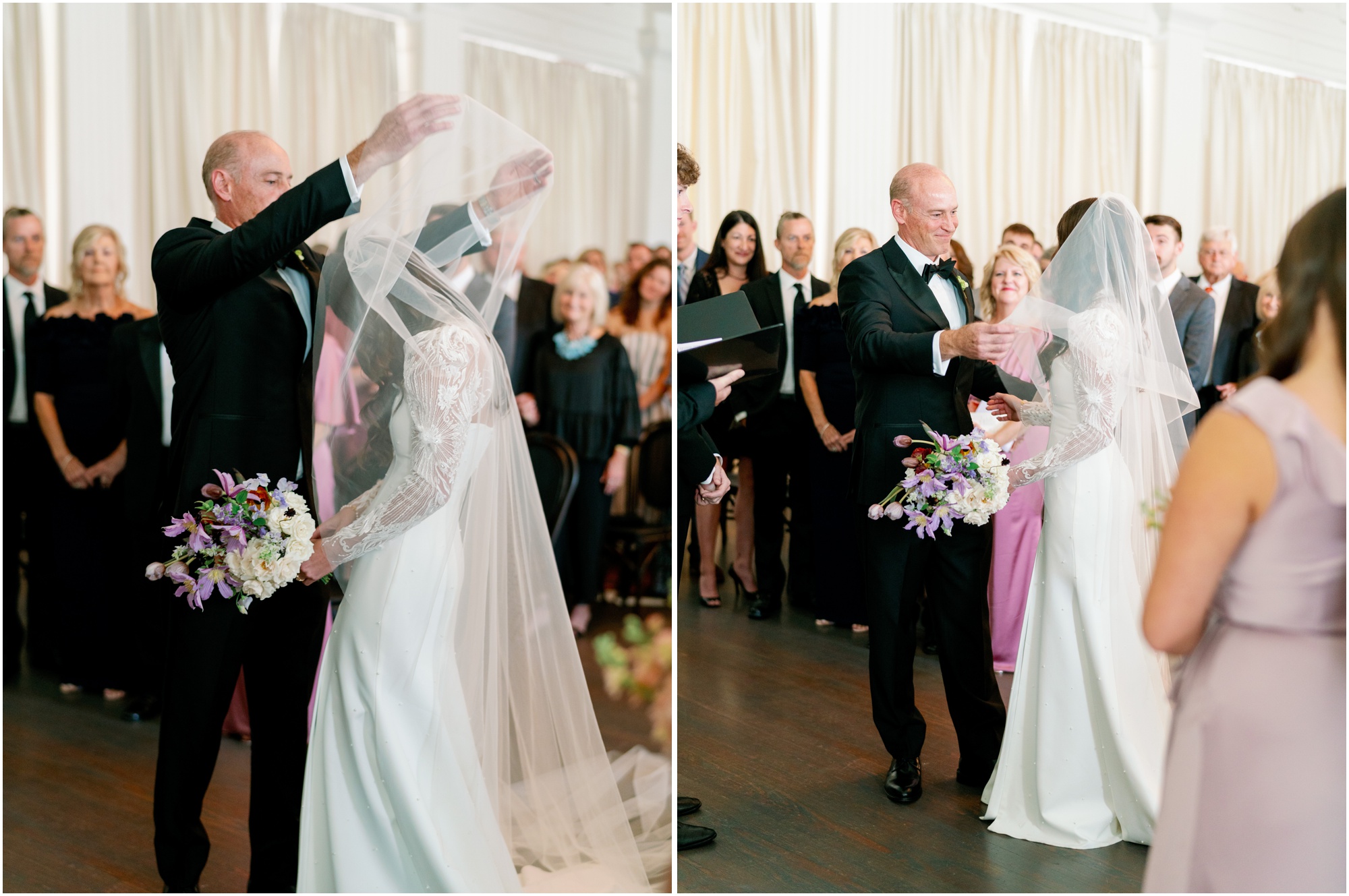 father taking veil off daughter at wedding ceremony