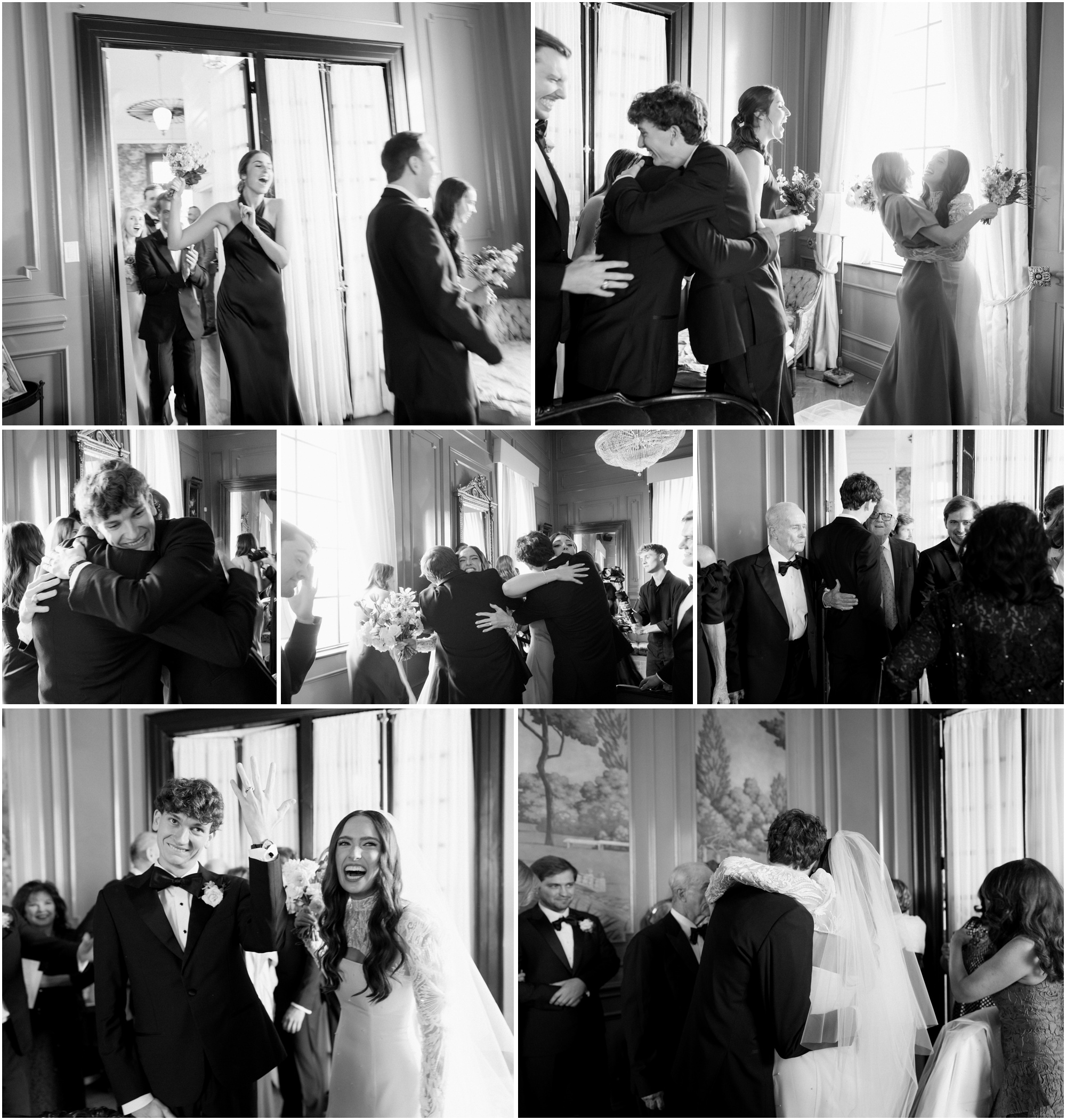 black and white photos of family celebrating with bride and groom after ceremony