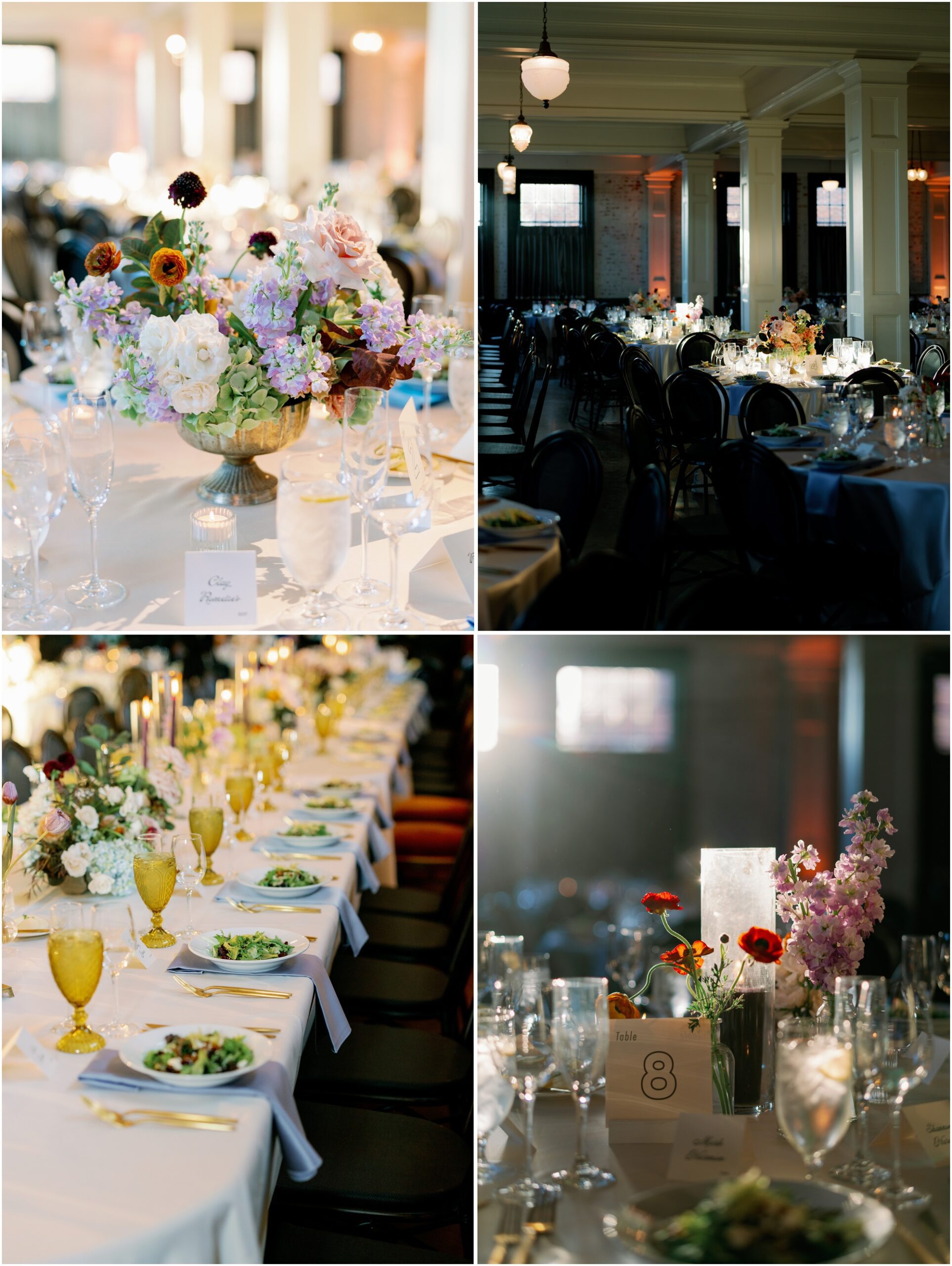 wedding reception details with colorful flowers and napkins