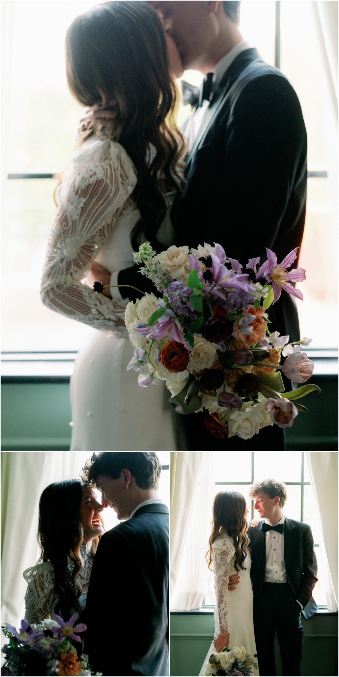 bride and groom portraits with colorful flowers