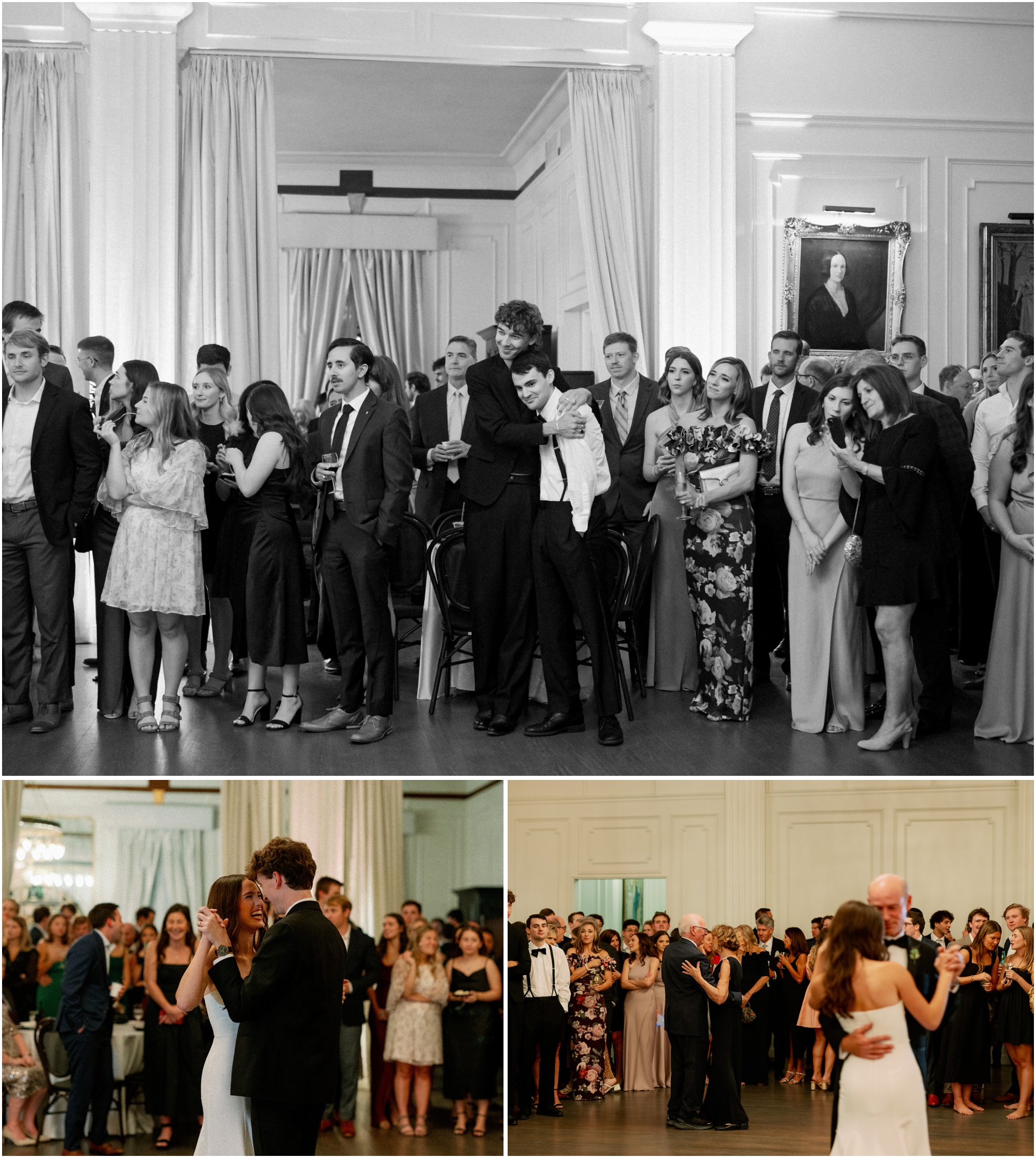 black and white photo of friends hugging at wedding reception