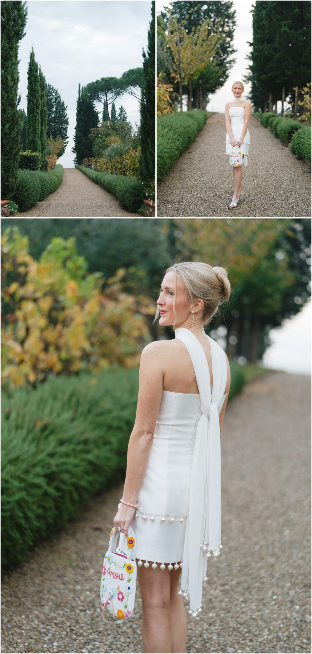 Bridal welcome party look with beaded bag