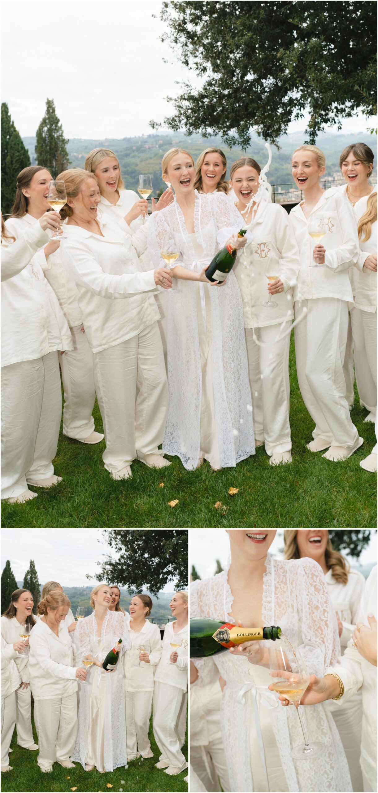 Popping champagne with bridesmaids at Dimora Ghirlandaio